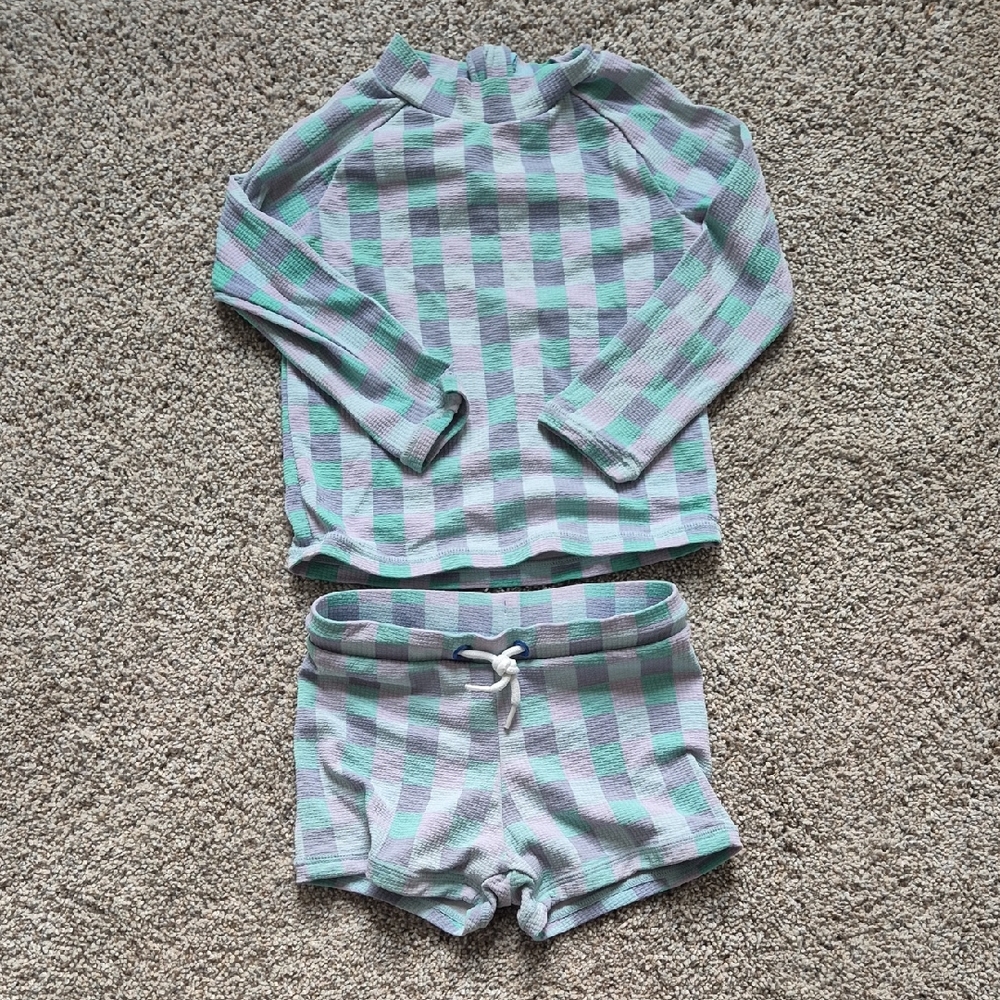 Seed Swim Set Rashguard Checkered Long Sleeve Top and Shorts Set